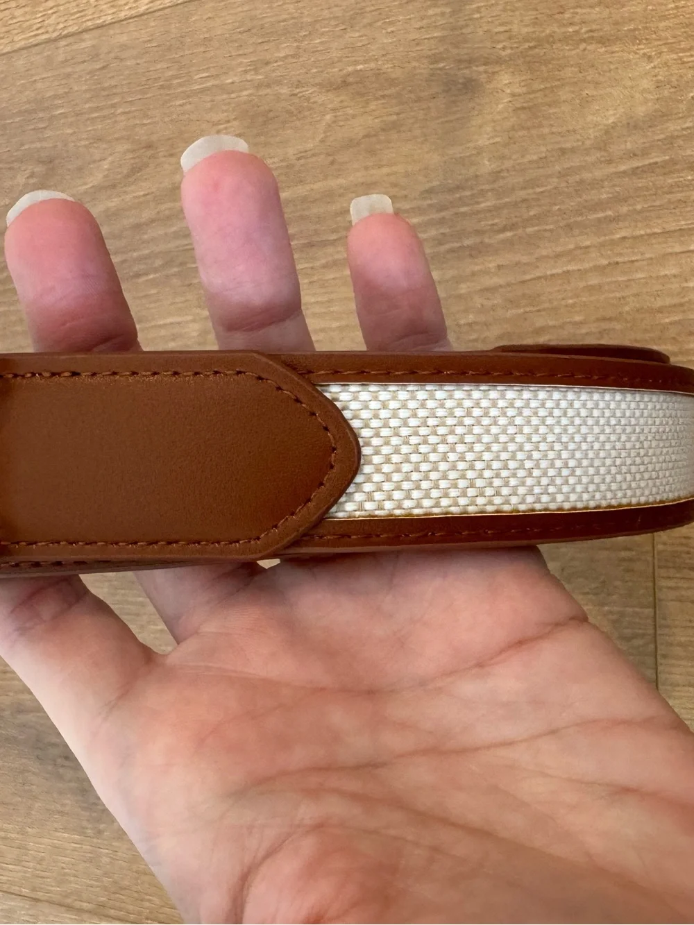 Tan canvas Horsebit belt gold snaffle bit buckle equestrian